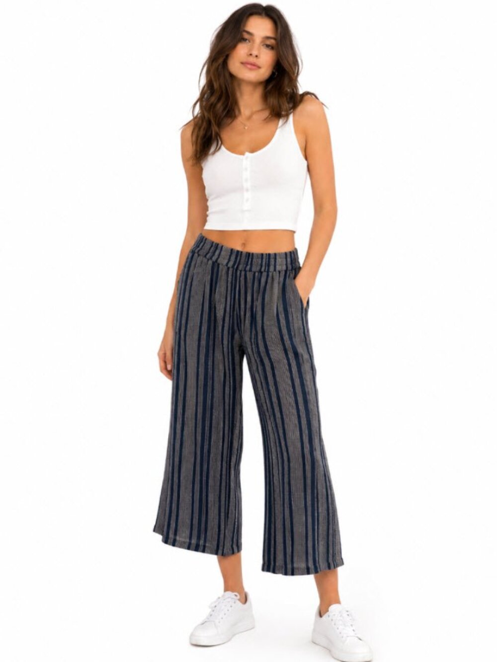 Angie Blue Grey Stripe Gauze Wide Leg Cropped Pants Large